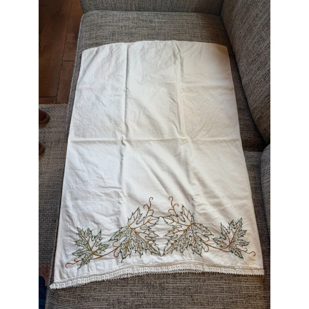 Vintage Embroidered PillowCase Green Floral Fall Foliage Standard Size
